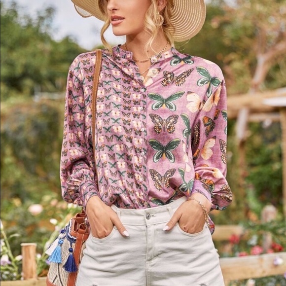 Purple Asymmetrical Butterfly Print Botton Up Blouse - Picture 2 of 8